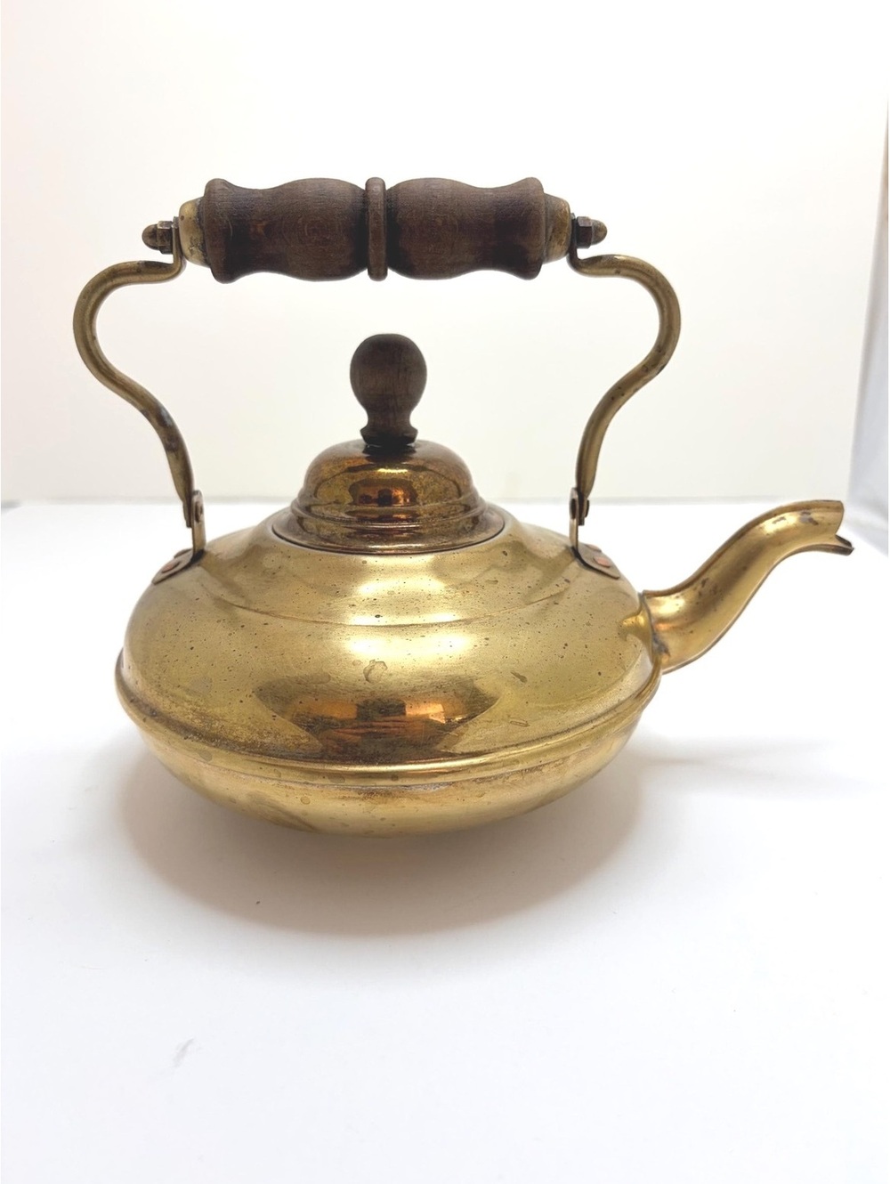 Antique Brass Tea Kettle with Wooden Handle | Victorian Tin Lined Tea Pot